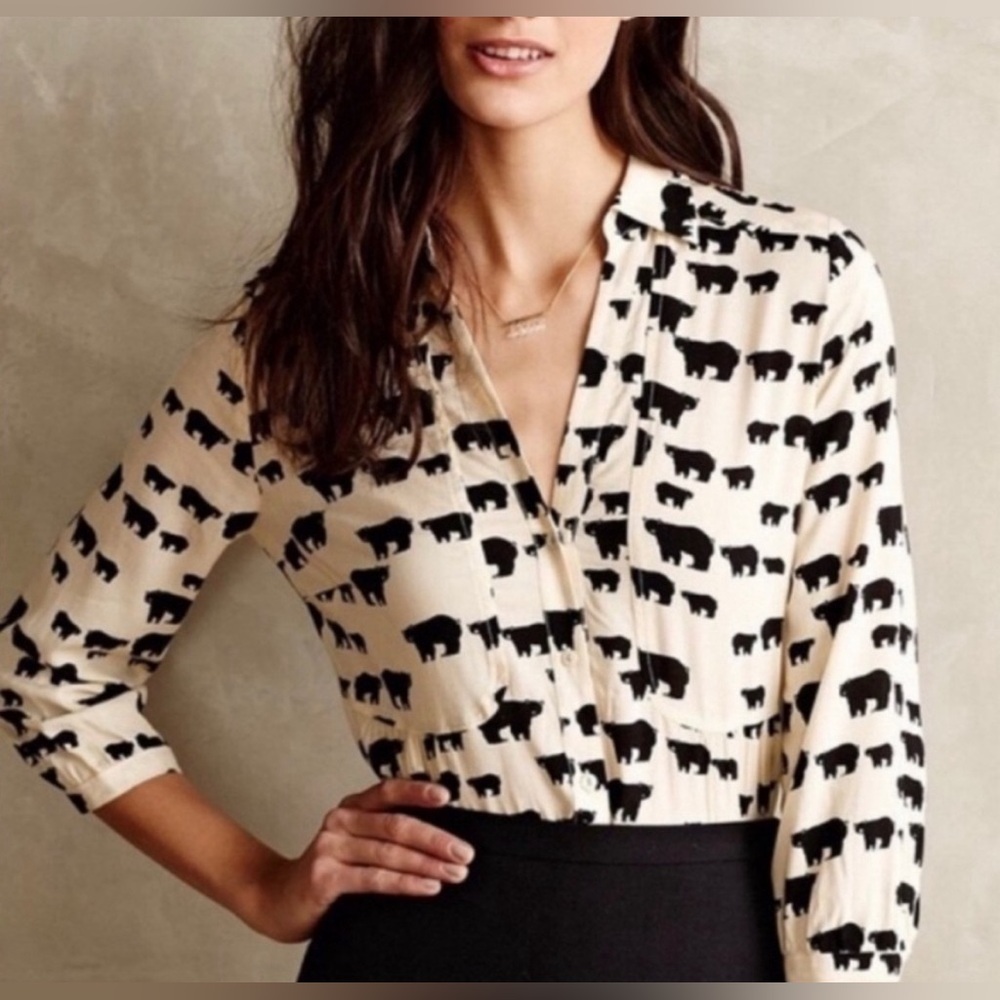 Anthropologie Maeve Ivory Black Bear Shirt Blouse Top Size 2